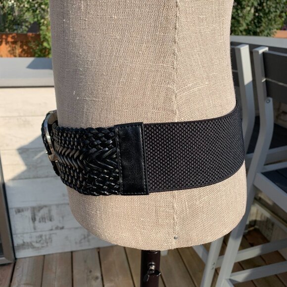 Black Braided Faux Leather Elastic Back Wide Statement Cinch Belt - Picture 3 of 10